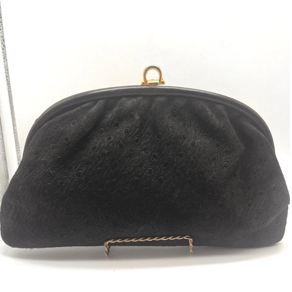 Vintage Black Ostrich‎ Suede Clutch Bag Purse Made In Italy Gold Clasp